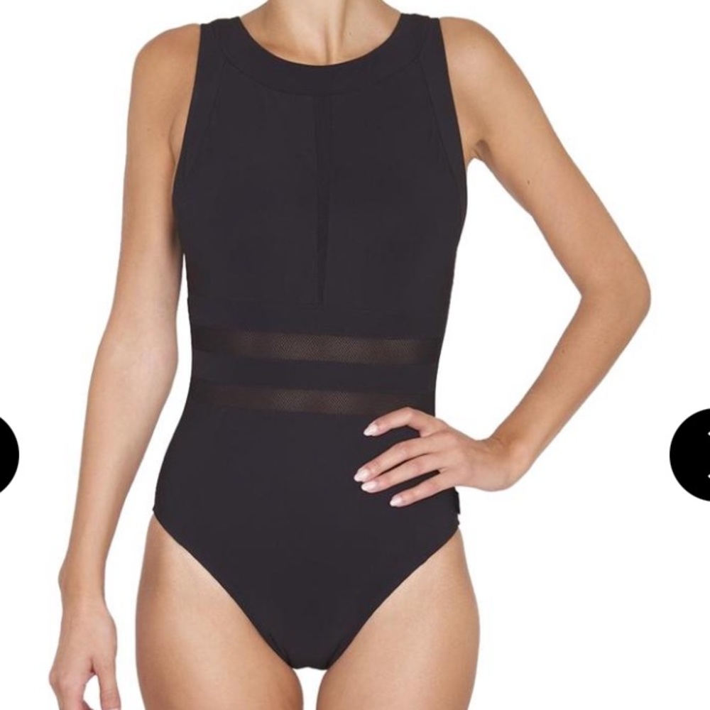 SHAN Black Onyx High-neck Underwire One-piece Bathing Suit size 8, no padding